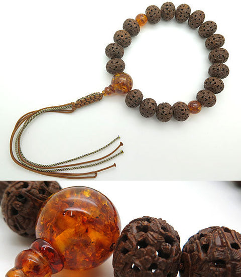 Men's Buddhist rosary, Indian Bodhi tree, Arhat carving, 18 beads, compressed amber