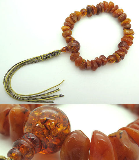 Men's prayer beads, aged amber, sazare cut, compressed amber tassel