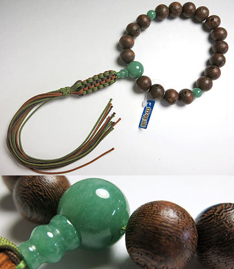 Men's Buddhist rosary, ironwood, 18 beads, Indian jade finish, string tassel, for Jodo Shinshu sect