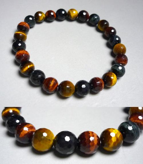 3-color tiger's eye stone bracelet, 8mm beads, 128 facets (cut)