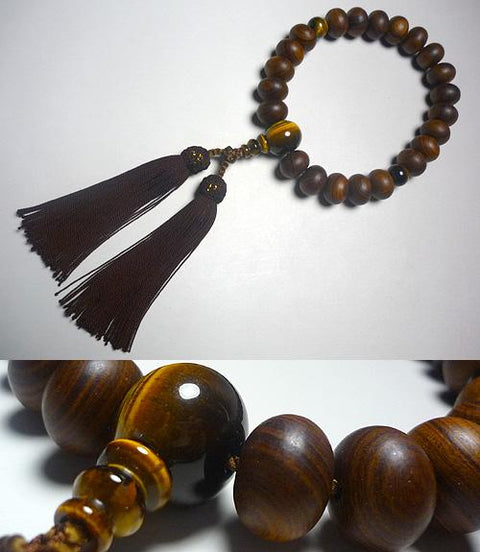 Men's prayer beads, sandalwood, 22 flat beads, tiger's eye stone and mandarin bead design, dark brown tassel