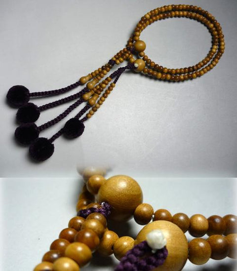 Women's Buddhist rosary, Sandalwood, Two-pair Lotus Flower, Purple and Blue Brahma Tassel