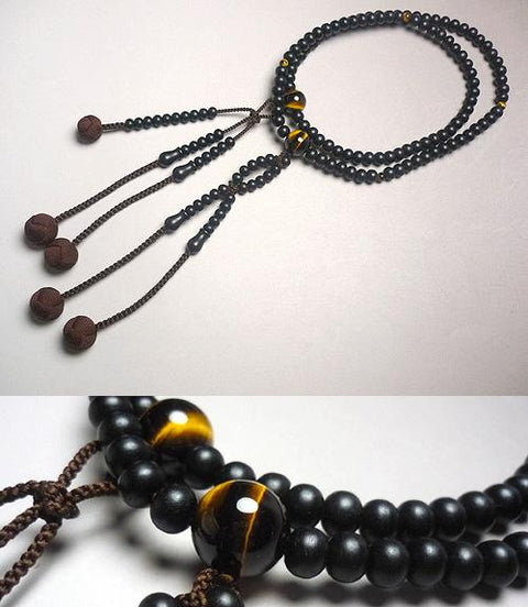 Men's prayer beads, ebony, tiger's eye stone finish, Nichiren (Hokke) sect, Koge Sabo