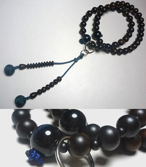 Men's prayer beads, striped ebony, Jodo sect, navy (blue), tiger's eye stone finish