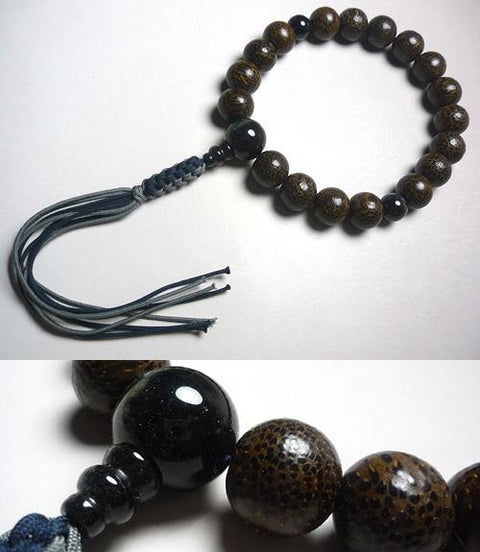 Prayer beads for men, 18 beads made of betel nut, navy blue tiger eye stone finish, string tassels