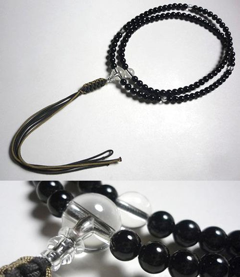 Men's prayer beads, black onyx, crystal finish, Rinzai sect, light brown, dark brown tassel