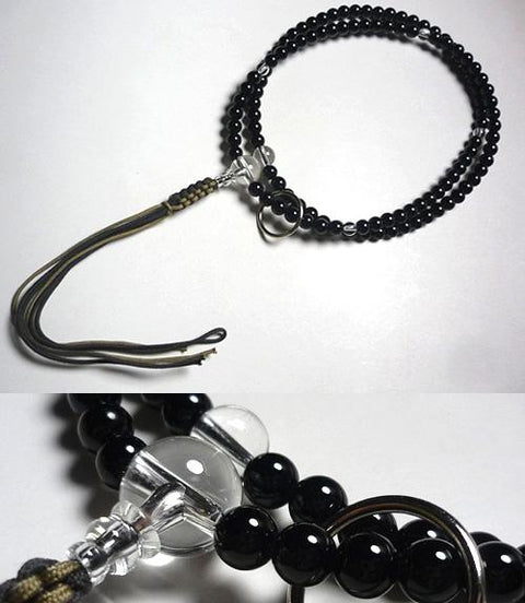 Men's prayer beads, black onyx, crystal finish, Soto sect, light brown, dark brown tassel