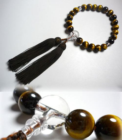 Men's prayer beads, tiger eye stone beads, crystal finish, dark brown tassel