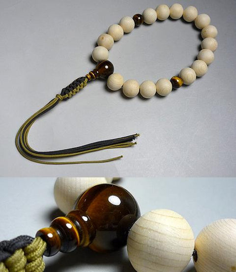 Prayer beads for men, 18 Kiso Hinoki beads, tiger eye stone finish