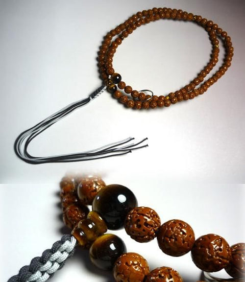 Men's prayer beads, made of Bodhi tree and tiger's eye stone, with string tassels, Soto sect