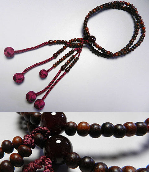 Women's prayer beads, rosewood, Nichiren sect, agate finish, two pairs of Lotus Sutra