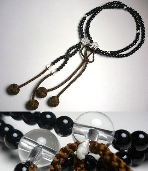 Men's prayer beads, black onyx, crystal finish, Jodo Shinshu