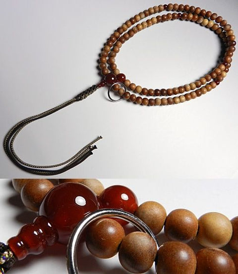 Men's prayer beads, Indonesian sandalwood and agate, Soto sect, 13.2cm