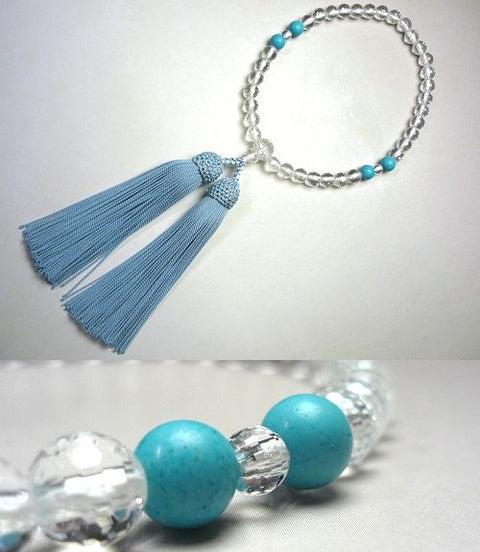 Women's prayer beads, 108 faceted crystal, 4 turquoise stones, wasuregusa tassel
