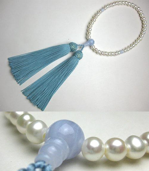 Women's prayer beads, freshwater pearl potato shape, chalcedony finish, forget-me-not tassel