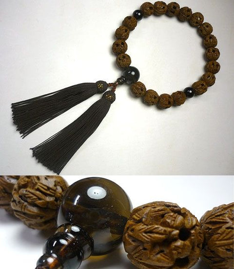 Men's prayer beads, 18 beads with arhat carvings, brown quartz finish, dark brown tassel