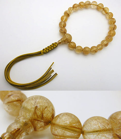 Men's prayer beads, top-quality rutile (crystal with gold lines), 20 beads, same finish, string tassel