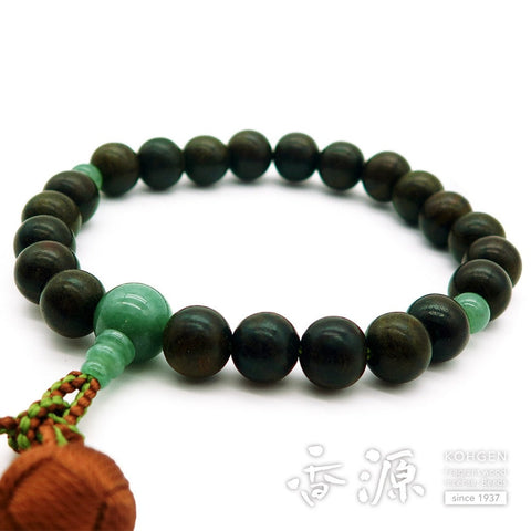 Men's rosary, 22 green sandalwood beads, one hand, Indian jade finish, Brahma tassel