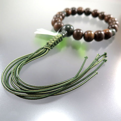 Men's rosary, green sandalwood, 18 beads, green rhinestone finish, string tassel