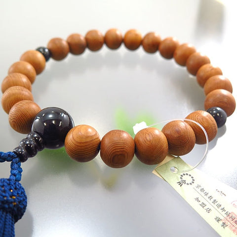 Men's rosary, Yakusugi, 22 beads, blue tiger's eye stone finish, iron tassel