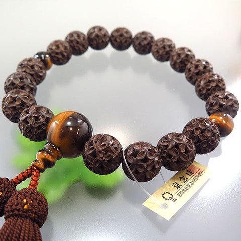 Men's prayer beads, boxwood, cloisonne carving, 18 beads, tiger's eye stone finish