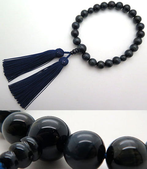 Men's prayer beads, blue tiger's eye, 22 beads, matching finish, iron tassel