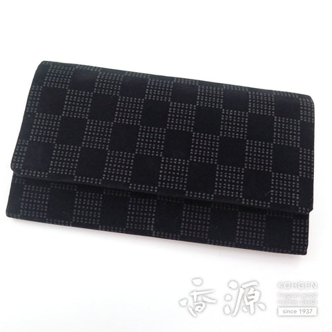 Prayer bead bag, bi-fold, Inden style, checkered pattern, black/black