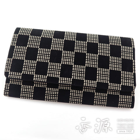 Prayer bead bag, bi-fold, Inden style, checkered pattern, black/white