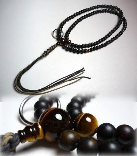 Men's prayer beads, striped ebony, tiger's eye stone, Soto sect