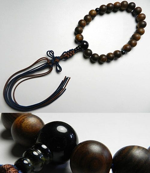 Men's prayer beads, sandalwood, 22 beads, blue tiger's eye stone finish, string tassel, for Jodo Shinshu