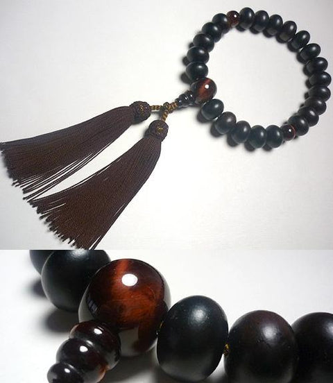 Men's prayer beads, striped ebony, 22 flat beads, red tiger's eye stone, mandarin bead finish, dark brown tassel