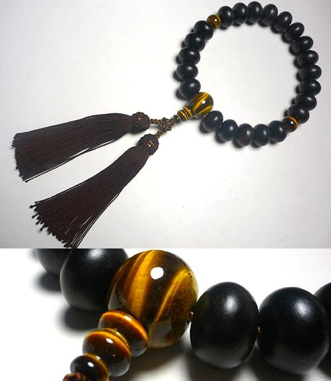 Men's prayer beads, striped ebony, 22 flat beads, tiger's eye stone with mandarin beads, dark brown tassel