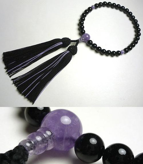 Women's prayer beads, black onyx, light amethyst, black, wisteria tassel