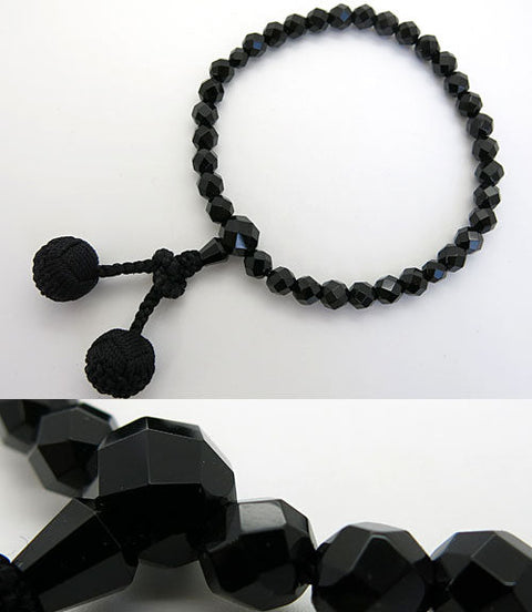 Women's prayer beads, black onyx, cut glass, Hana Bonten tassel