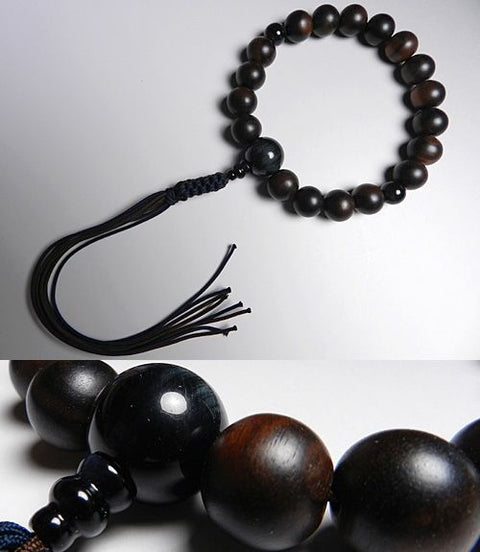 Men's prayer beads, striped ebony, 18 beads, blue tiger's eye stone