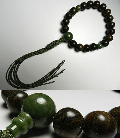 Men's rosary, green sandalwood, tree of life, green phoenix, 18 beads, Dokusan bead style