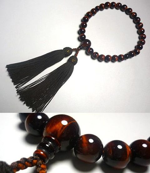 Men's prayer beads, 27 red tiger's eye beads, brown tassel