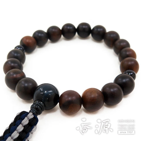 Men's prayer beads, striped ebony, 18 beads, blue tiger's eye stone finish, string tassel, for Jodo Shinshu sect
