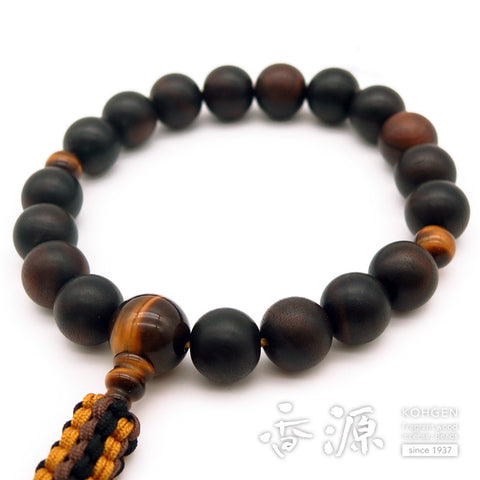 Men's prayer beads, striped ebony, 18 beads, tiger's eye stone finish, string tassel, for Jodo Shinshu