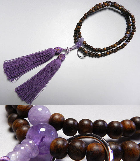 Women's prayer beads, sandalwood, Soto sect, purple agate finish
