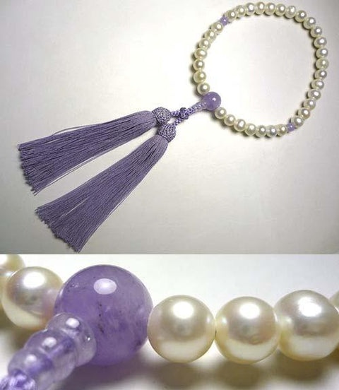 Women's Prayer Beads, Freshwater Pearls, Fujiun Stone, Fuji Tassel
