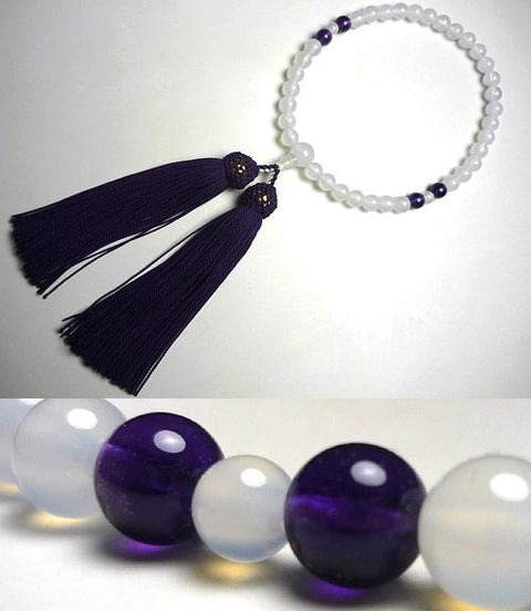 Women's rosary, white agate and amethyst, 4 pieces