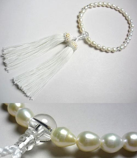 Women's prayer beads, freshwater pearl rice beads, crystal finish, white tassel