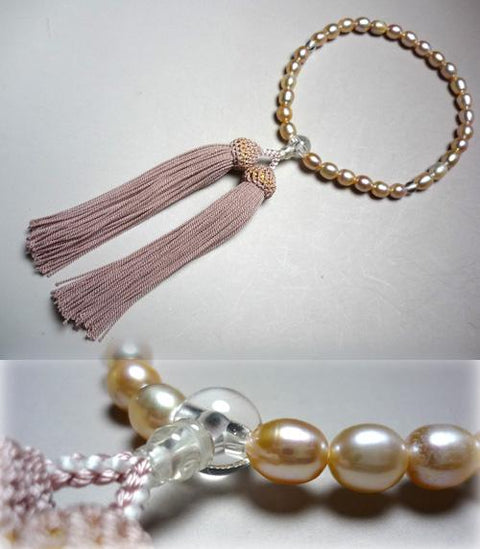 Women's prayer beads, freshwater pearl rice beads, crystal finish, ash cherry tassel