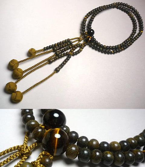 Men's prayer beads, green sandalwood and tiger's eye stone, Nichiren (Hokke) sect, Hamaribo