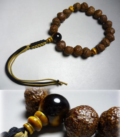 Prayer beads for men, old-colored star-moon linden tree, original fruit, tiger-eye stone finish, string tassel
