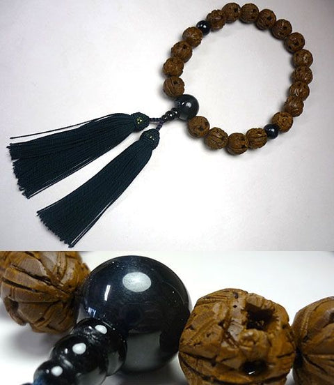Men's prayer beads, 19 beads with arhat carvings, navy blue tiger's eye stone finish, navy blue iron tassel