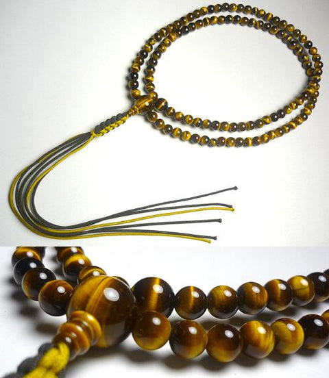 Men's prayer beads, tiger eye stone, Rinzai sect, dark brown, gold tassel