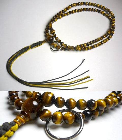 Men's prayer beads, tiger eye stone, Soto sect, dark brown, gold tassel