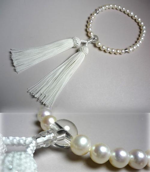 Prayer beads for women, freshwater pearls, white tassels